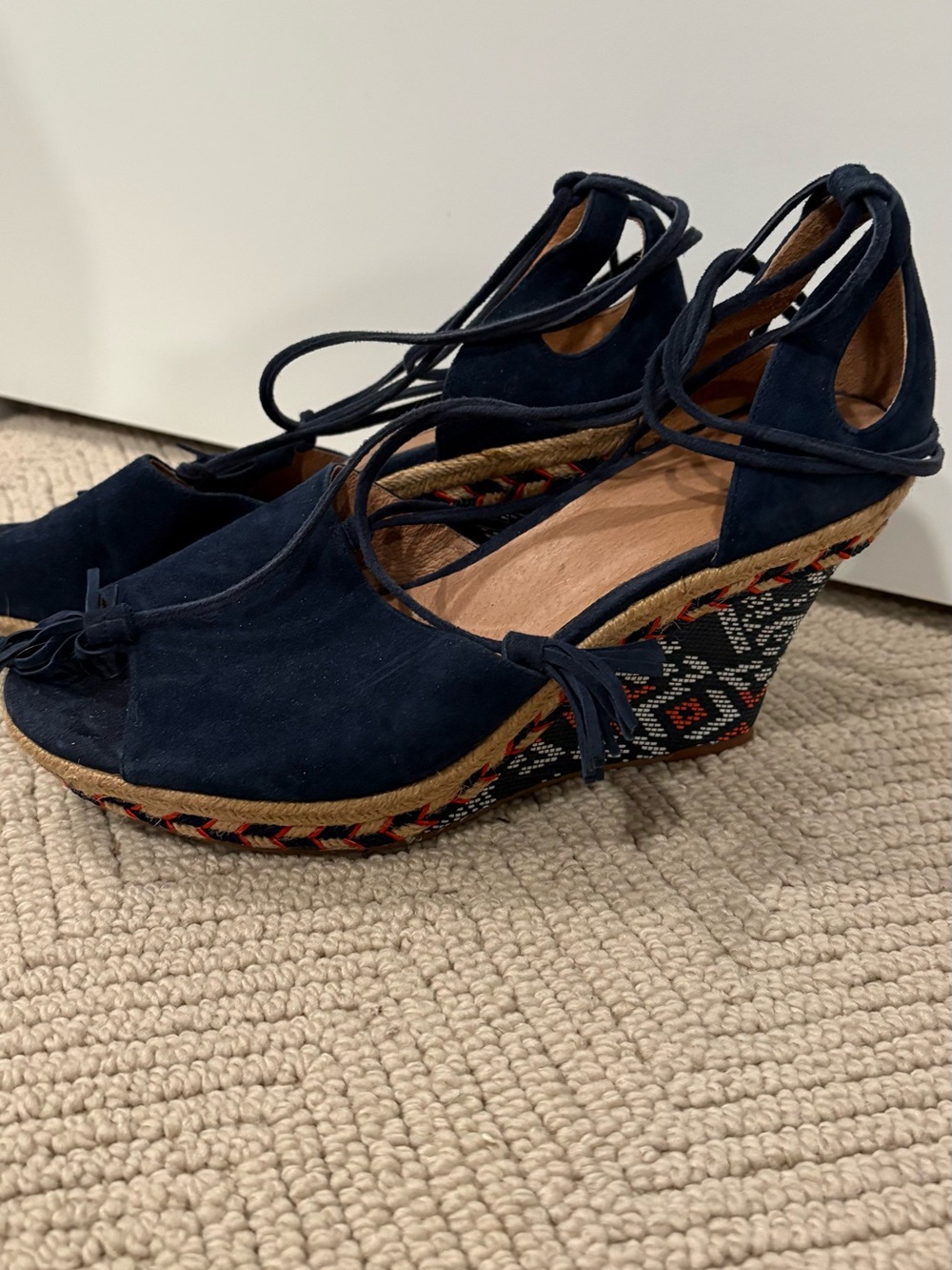 CAbi Isla Navy Suede Espadrille Wedge Sandals with Patterned Rope Platform
